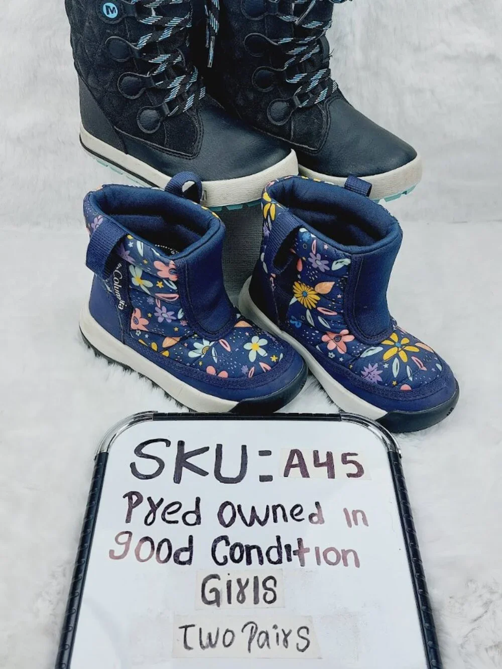 Set of 2 Columbia Merrell Girl's Black Blue Waterproof Ankle Snow Boots Size 12